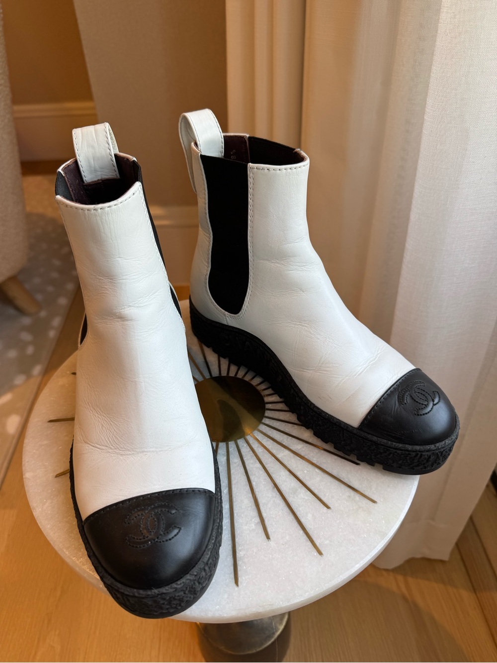 CHANEL White Leather Chelsea Boots with Black Toe Cap